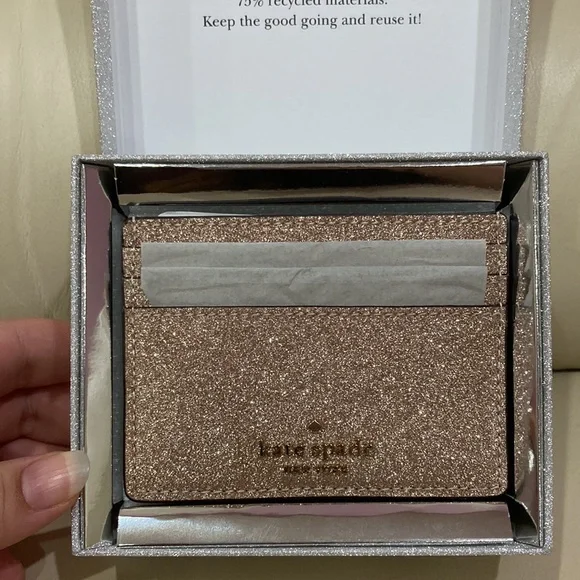 NWT Kate Spade Rose Gold Sparkle Glitter Tinsel Boxed Small Card Holder Wallet - Picture 7 of 16